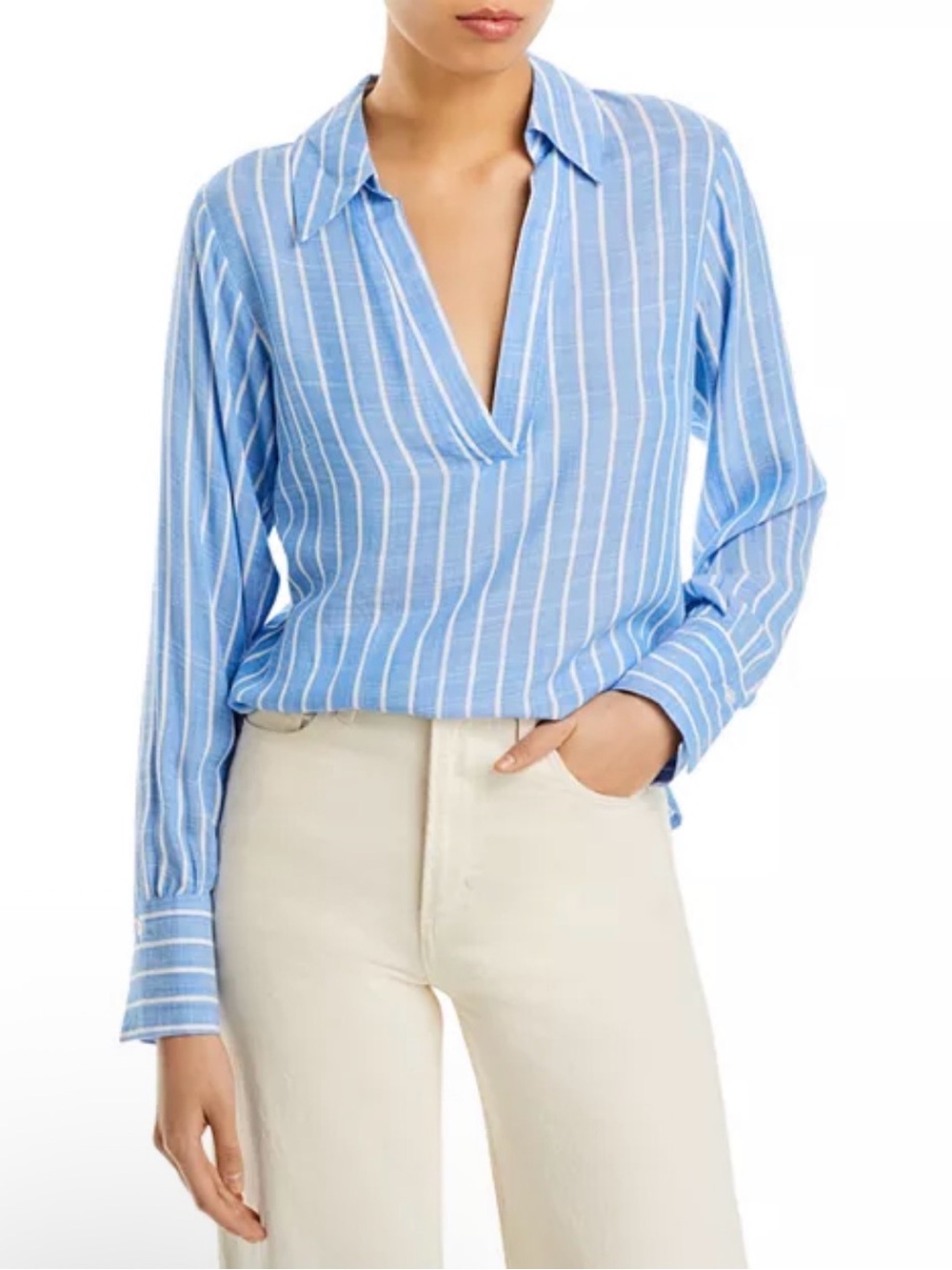 AQUA Bloomingdale’s Blue & White Striped Cotton Collared V-Neck Blouse